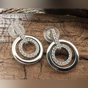 Authentic Swarovski Earrings Rhodium Plated Swan Signed Punch In Double Circle